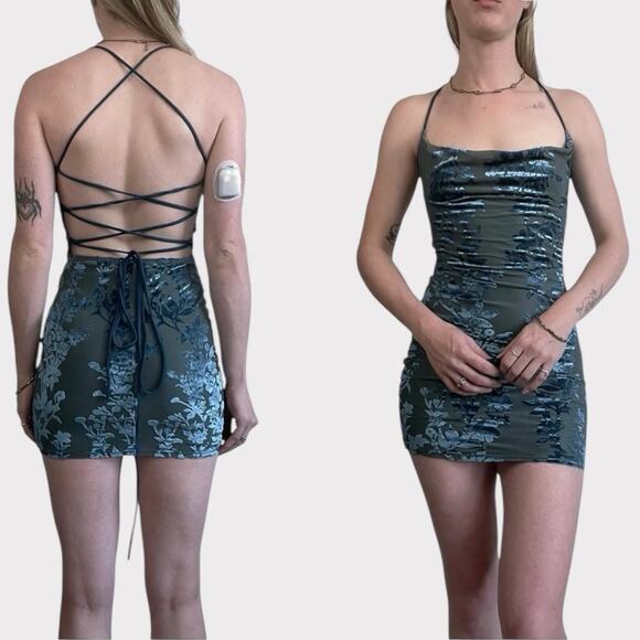 Lucy In The Sky Blue Floral Velvet Lace Up Cross Back Mini Dress - Picture 1 of 7